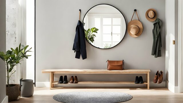 A minimalist entryway with a wall-mounted coat rack, a shoe bench, and a large round mirror