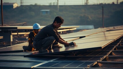 Construction workers installing and fixing large solar panels, setting up renewable, green energy generation, depicting the advancement of sustainable practices in the construction industry.