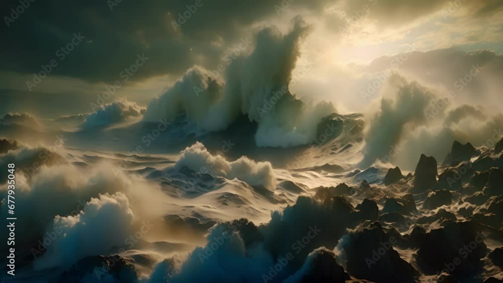 Poster a powerful destructive wave crashing through the landscape roaring its warning of destruction and ch