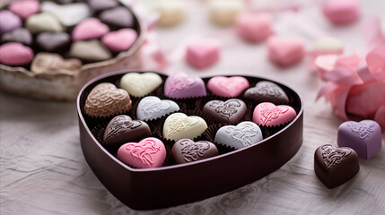 Obraz na płótnie Canvas Heart-shaped chocolates with intricate designs in a heart-shaped box, conveying a sense of luxury, romance, and gourmet sweetness. Perfect Valentine's Day gift.