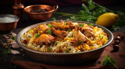A traditional Indian biryani dish, with fragrant basmati rice, spices, saffron, and tender pieces of chicken.