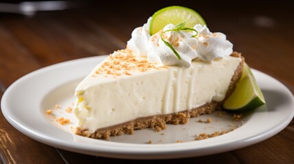 A slice of key lime pie with a creamy topping, on a simple white dish. - obrazy, fototapety, plakaty