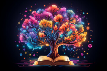 Human brain that flourishing while reading book, vibrant colors - obrazy, fototapety, plakaty