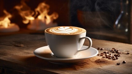 A steaming hot cup of cappuccino with a delicate foam art, on a wooden table.