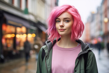 The portrait of a young and attractive female teenager with neon pink long bob hairstyle smiles and stands in a busy city. Generative AI.