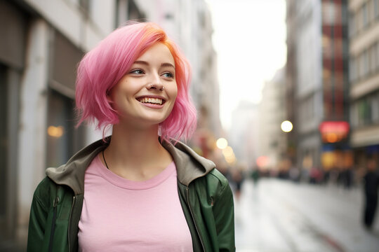 The portrait of a young and attractive female teenager with neon pink long bob hairstyle smiles and stands in a busy city. Generative AI.