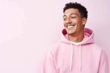 The portrait of a cute and handsome male teeager in a pink, blue hoodie standing and looking at the camera, isolated on a pink, blue background. Generative AI. - obrazy, fototapety, plakaty