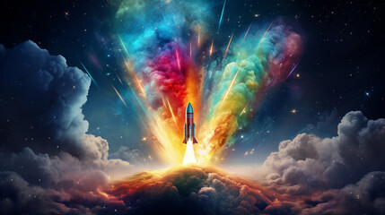 Obraz na płótnie Canvas Illustration of Rocket. Colorful background. Generative AI.