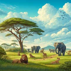 a breathtaking scene of the African savanna teeming with wildlife