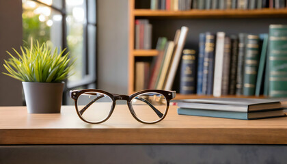 Glasses on top of a desktop inside a office with bookshelf