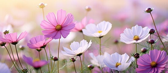 midst of the serene garden a lush patch of pink and purple floral beauties blooms abundantly capturing the essence of natures vibrant cosmos in their delicate petals