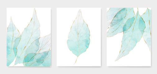 Set of art backgrounds with transparent blue or green leaves with golden line elements. - obrazy, fototapety, plakaty