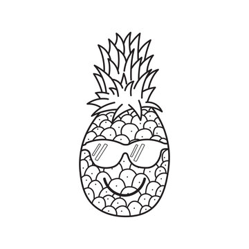 Hand drawn Vector illustration color children cute pineapple wearing sunglasses clipart	