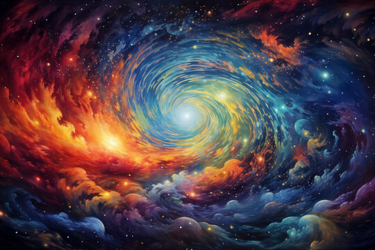 Celestial masterpiece where galaxies align in perfect harmony, vibrant cosmic colors, swirling nebulae, intricate patterns, a cosmic symphony, fostering a sense of unity