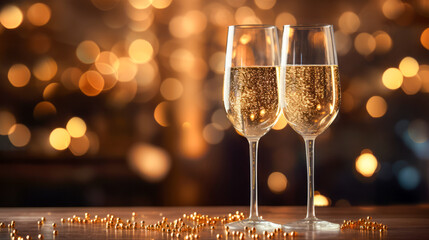 a couple of sparkling champagne glasses on table, on golden bokeh background with copy space. Romantic concept. Generative AI - obrazy, fototapety, plakaty