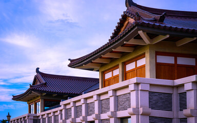 Naklejka premium Korean traditional house architecture in modern version style, close-up of the Hwangnyongsa Buddhist Temple Historic Culture Archaeological Museum in Gyeongju City in South Korea