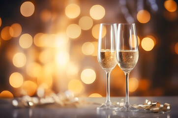a couple of sparkling champagne glasses on table with golden ribbon, on golden bokeh background with copy space. Romantic concept. Generative AI