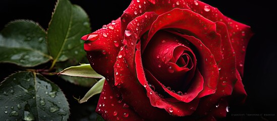 midst of a refreshing rain shower a beautiful scarlet red rose bloomed its petals adorned with delicate rain drops basking soft glow of natural light showcasing its pretty rosebud to the aw - obrazy, fototapety, plakaty