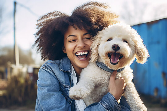 The portrait of the best buddy , a happy female owner with her dog, is holding and hugging her lovely pet to take a selfie photo together. Generative AI.