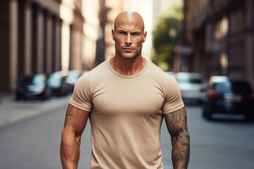 handsome bald man on the street in an empty beige T-shirt - obrazy, fototapety, plakaty