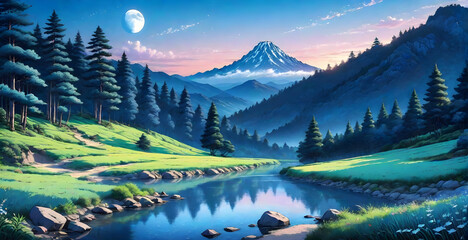 dusk at Blue Moon Valley, anime drawing style, line art. ai generative - obrazy, fototapety, plakaty