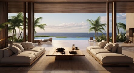 View of the ocean from an open plan living area tropical landscapes.