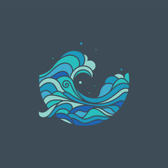 Ocean wave flow logo flat design concept isolated dark background vector illustration