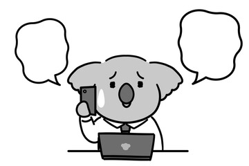 PC操作中に電話をしている働くコアラのキャラクター