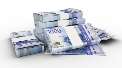 3D Stack of 1000 Norwegian krone notes isolated on transparent background