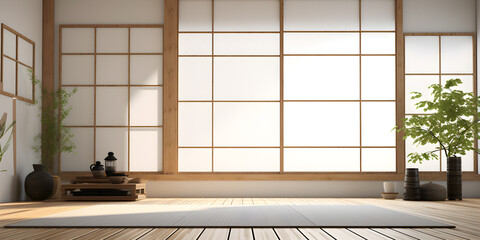 interior of empty room with white wall, in the style of Japanese zen inspired, beige, minimalist stage design 