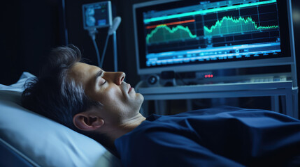 A polysomnogram technician monitoring a patients sleep patterns in a sleep lab