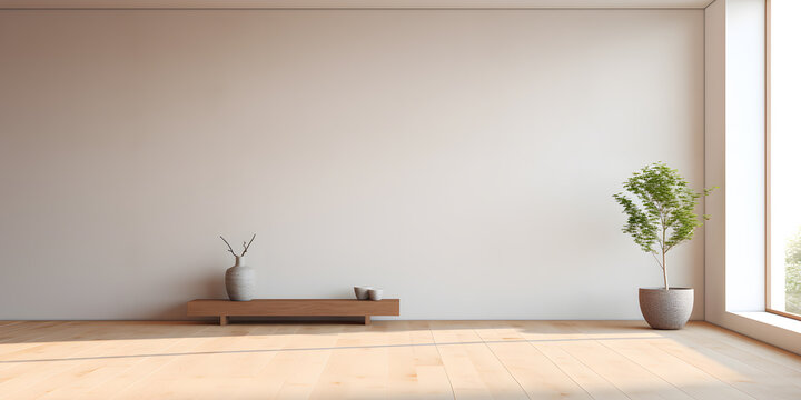 Fototapeta interior of empty room with white wall, in the style of Japanese zen inspired, beige, minimalist stage design 