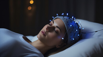 A person lying in a bed with electrodes attached to their scalp for an EEG sleep study