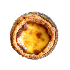 Portuguese egg tart, top view. Isolated, transparent background.