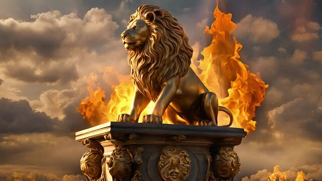 golden lion, symbol zodiac sign Leo, stands tall pedestal above cauldron. roars, flames within cauldron intensify, symbolizing alchemical transformation courage leadership.