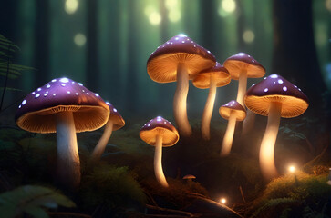 glowing mushrooms in forest ai generated background