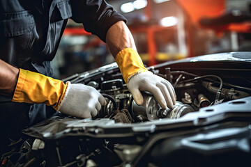 Fototapeta na wymiar Car care maintenance and servicing. Close-up hand of technic engineer