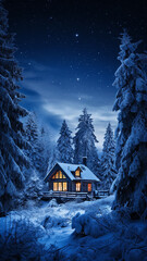 night winter landscape of nature, a lonely hut among the snowfall in the forest mountains, the shelter of a forester in the north,  dark blue evening vertical panorama