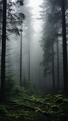 foggy landscape in a coniferous forest, gloomy autumn view twilight cold evening in a mountain forest, vertical panorama of tall trees