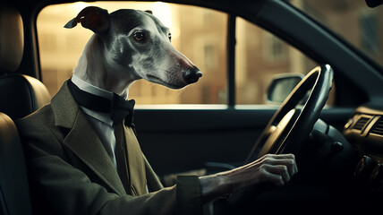 a dog in clothes is driving a car humor joke