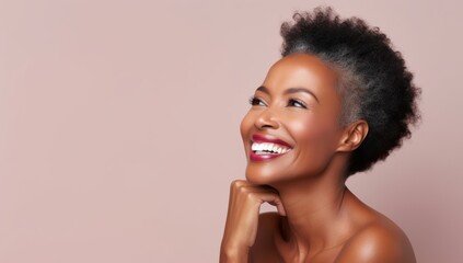 oyful Black woman with a bright smile, representing positivity and beauty, ideal for health and lifestyle marketing.
