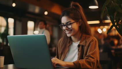 Cheerful Caucasian woman with glasses using laptop in a cozy evening café, ideal for remote work and leisure.