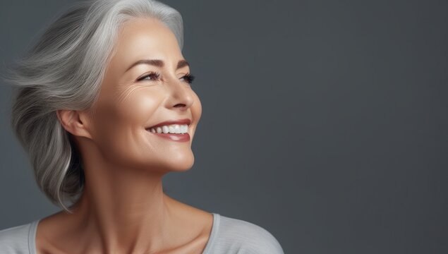 Elegant mature woman with silver hair smiling, ideal for anti-aging beauty products.