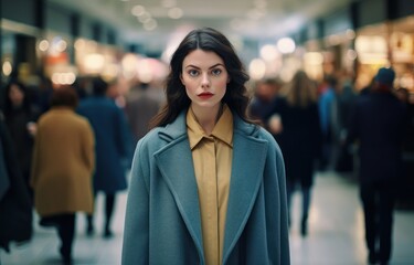 Fototapeta na wymiar Elegant woman in trench coat at a bustling shopping arcade. Great for urban fashion lifestyle brands and city life editorials.