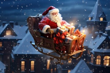 Santa Claus Delivering Joy and Gifts in a Festive Sleigh Ride Generative AI - obrazy, fototapety, plakaty