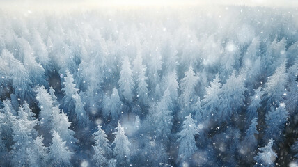 winter panorama from a drone view of a coniferous forest covered with snow, snowflakes falling,...