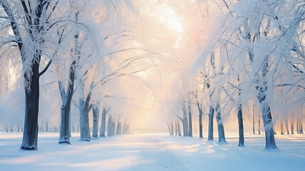 morning in the winter park, trees alley winter landscape - obrazy, fototapety, plakaty