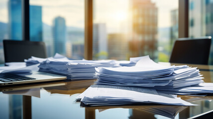 a stack of accounting documents on the desk in the office background copy space document flow - obrazy, fototapety, plakaty