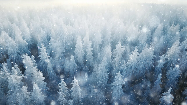 winter panorama from a drone view of a coniferous forest covered with snow, snowflakes falling, wildlife landscape, aerial view