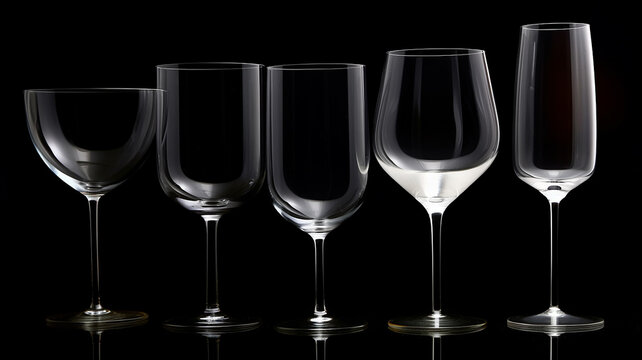 set, a collection of different transparent glass glasses isolated on a black background